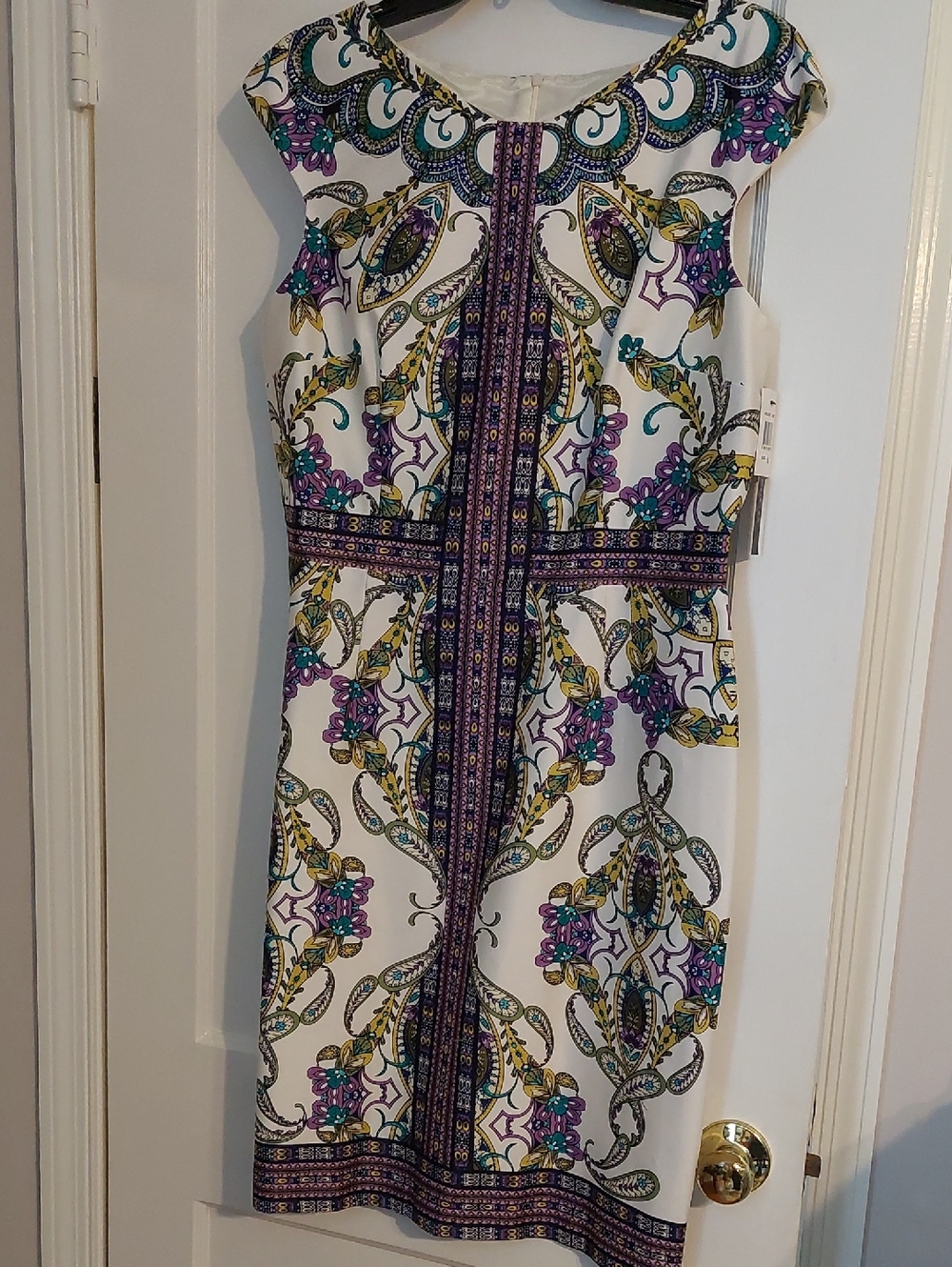 NWT: David MEISTER White Floral Scroll Sheath Dress with Purple and Teal Accents
